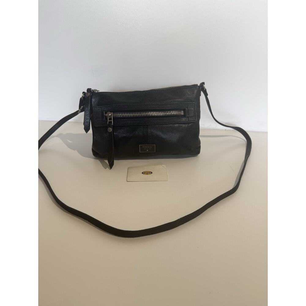 Fossil Issue No. 1954 Black Pebbled Leather Crossbody Bag Chunky Zip Messenger